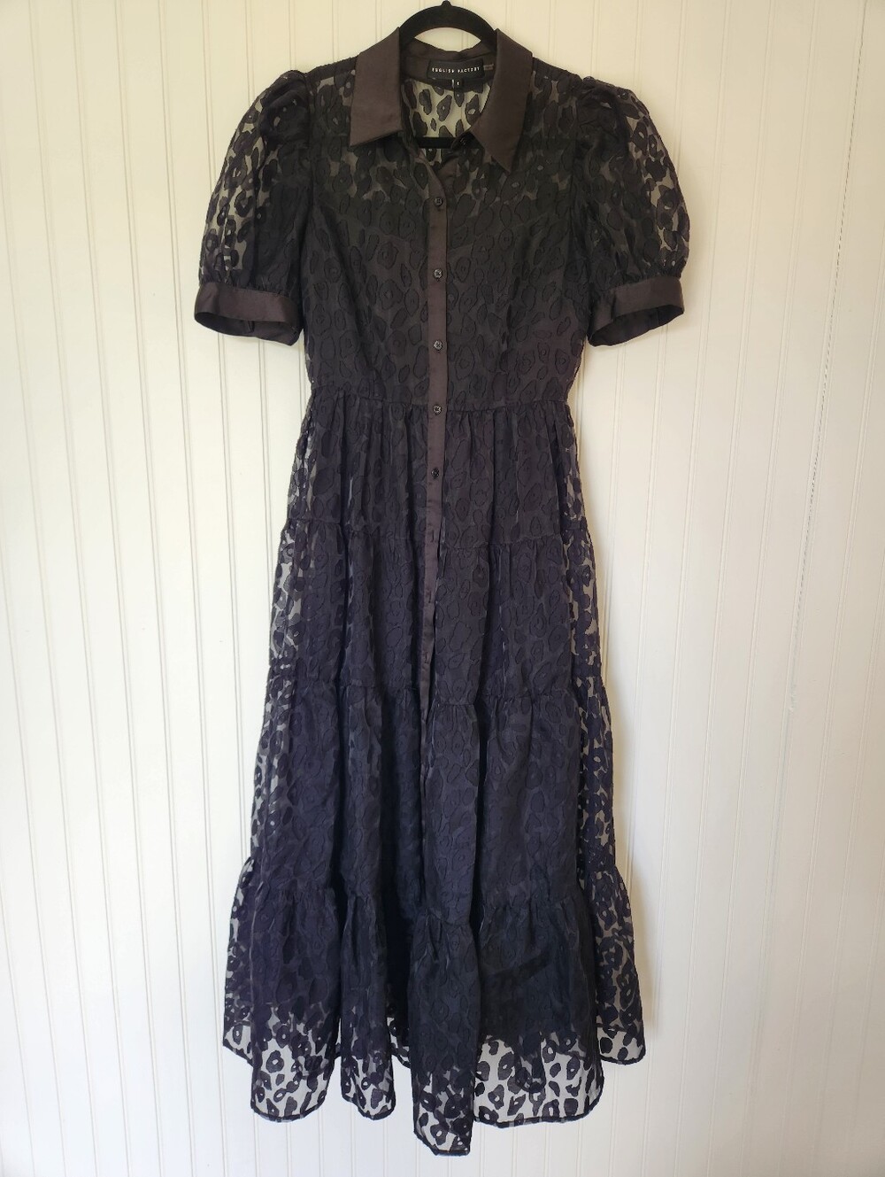 ENGLISH FACTORY Black Leopard Print Sheer Button Up Maxi Dress Small